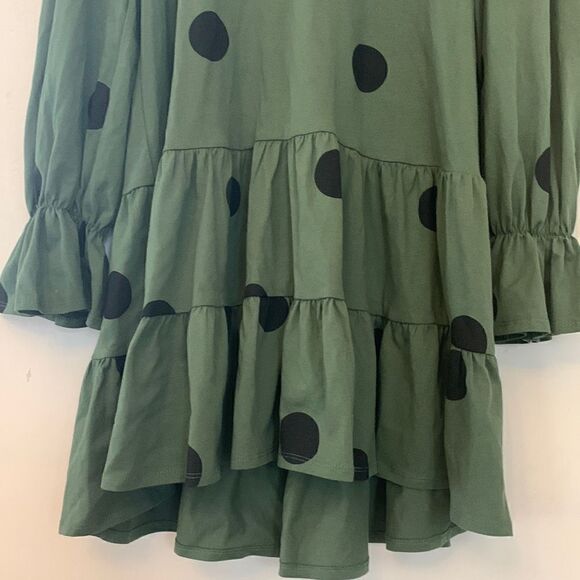 Asos green henley collar tiered dress black circles  gathered wrists Size 8 EUC - Picture 6 of 8